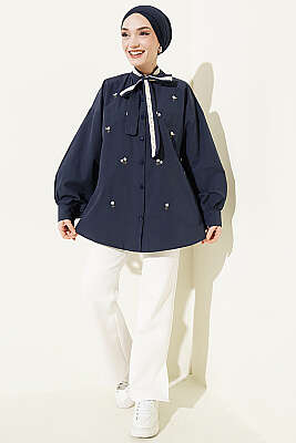 Çiçek Nakışlı Yakası Bağlamalı Gömlek Lacivert - Gömlek