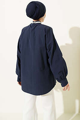 Çiçek Nakışlı Yakası Bağlamalı Gömlek Lacivert - Gömlek