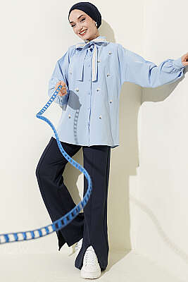 Çiçek Nakışlı Yakası Bağlamalı Gömlek Mavi - Gömlek