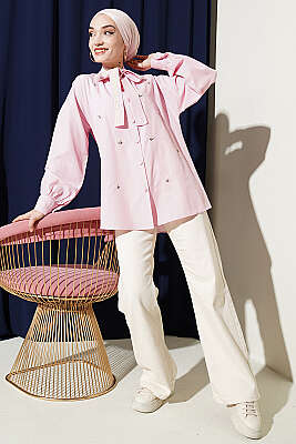 Çiçek Nakışlı Yakası Bağlamalı Gömlek Pembe - Gömlek