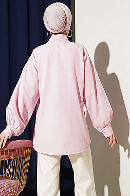 Çiçek Nakışlı Yakası Bağlamalı Gömlek Pembe - Gömlek