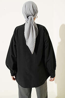 Çiçek Nakışlı Yakası Bağlamalı Gömlek Siyah - Gömlek