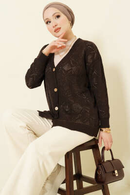 Çiçek Örgülü Düğmeli Triko Hırka Acı Kahve - Hırka