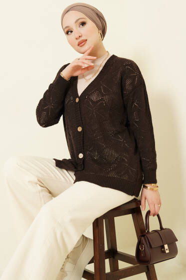 Çiçek Örgülü Düğmeli Triko Hırka Acı Kahve - Hırka