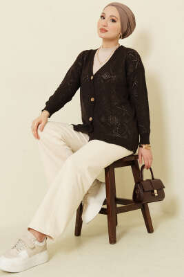 Çiçek Örgülü Düğmeli Triko Hırka Acı Kahve - Hırka