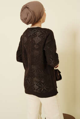 Çiçek Örgülü Düğmeli Triko Hırka Acı Kahve - Hırka