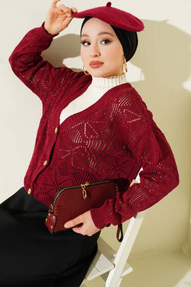 Çiçek Örgülü Düğmeli Triko Hırka Bordo - Hırka