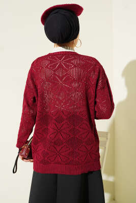 Çiçek Örgülü Düğmeli Triko Hırka Bordo - Hırka