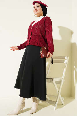 Çiçek Örgülü Düğmeli Triko Hırka Bordo - Yılın Fırsatı