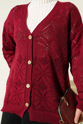 Çiçek Örgülü Düğmeli Triko Hırka Bordo - Yılın Fırsatı