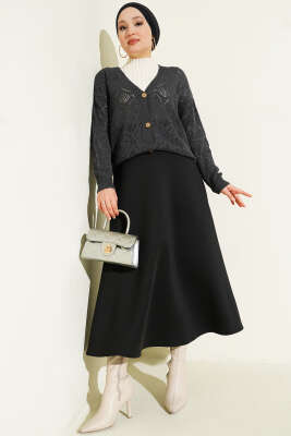 Çiçek Örgülü Düğmeli Triko Hırka Füme - Hırka