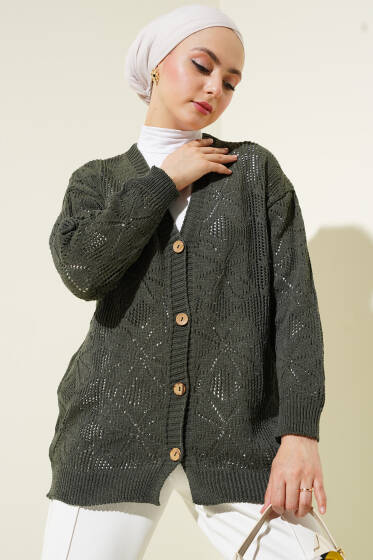 Çiçek Örgülü Düğmeli Triko Hırka Haki - Hırka