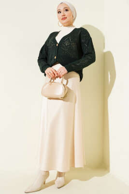 Çiçek Örgülü Düğmeli Triko Hırka Haki - Hırka