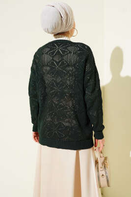 Çiçek Örgülü Düğmeli Triko Hırka Haki - Hırka