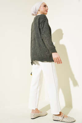 Çiçek Örgülü Düğmeli Triko Hırka Haki - Triko Hırka