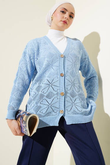 Çiçek Örgülü Düğmeli Triko Hırka Mavi - Hırka