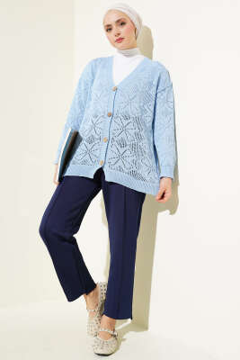 Çiçek Örgülü Düğmeli Triko Hırka Mavi - Triko Hırka