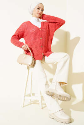 Çiçek Örgülü Düğmeli Triko Hırka Mercan - RAFİMİX