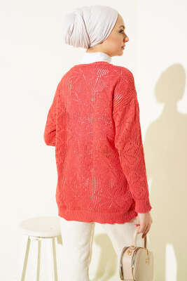Çiçek Örgülü Düğmeli Triko Hırka Mercan - Hırka