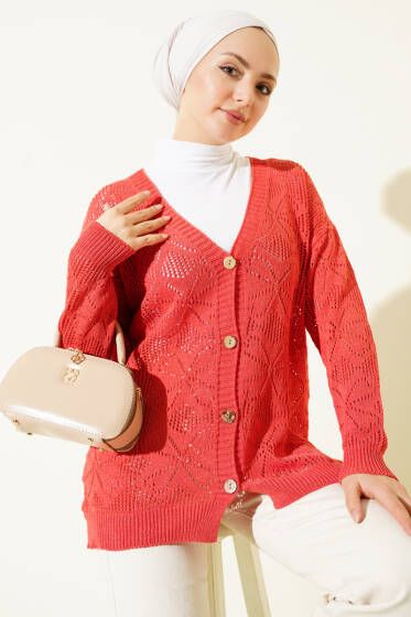 Çiçek Örgülü Düğmeli Triko Hırka Mercan - Yılın Fırsatı