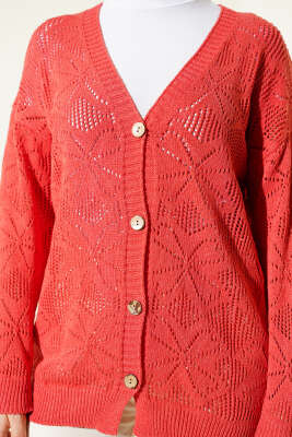 Çiçek Örgülü Düğmeli Triko Hırka Mercan - Yılın Fırsatı