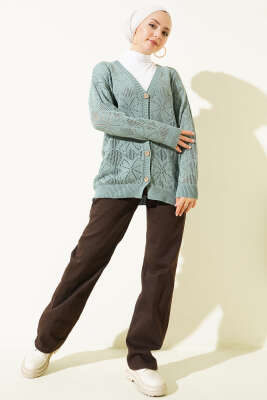 Çiçek Örgülü Düğmeli Triko Hırka Mint - Hırka