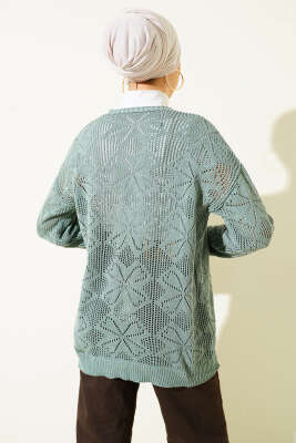 Çiçek Örgülü Düğmeli Triko Hırka Mint - Hırka