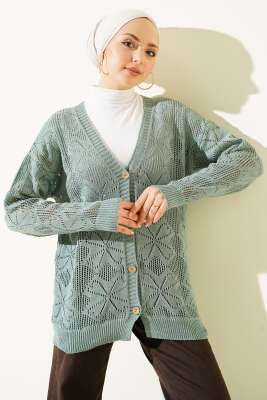 Çiçek Örgülü Düğmeli Triko Hırka Mint 