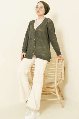 Çiçek Örgülü Düğmeli Triko Hırka Nefti - Hırka