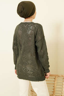 Çiçek Örgülü Düğmeli Triko Hırka Nefti - Hırka