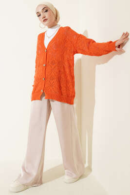 Çiçek Örgülü Düğmeli Triko Hırka Oranj - Hırka