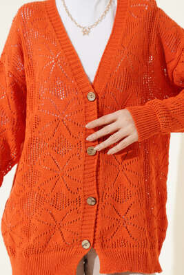 Çiçek Örgülü Düğmeli Triko Hırka Oranj - Hırka