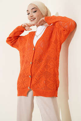 Çiçek Örgülü Düğmeli Triko Hırka Oranj 