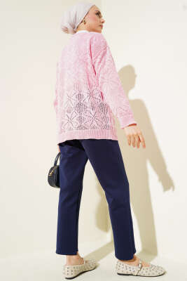 Çiçek Örgülü Düğmeli Triko Hırka Pembe - Triko Hırka