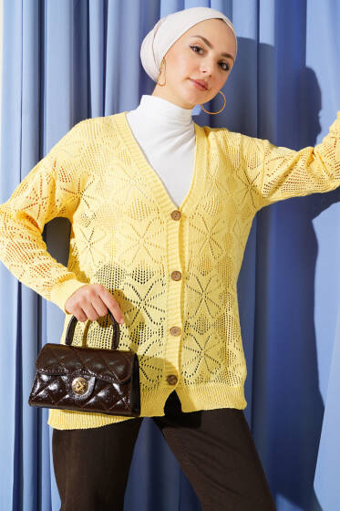 Çiçek Örgülü Düğmeli Triko Hırka Sarı - Hırka
