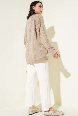 Çiçek Örgülü Düğmeli Triko Hırka Vizon - Triko Hırka