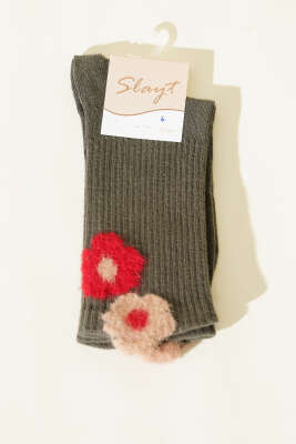 Çiçek Sakal Detaylı Kadın Soket Çorap Haki - SLAYT