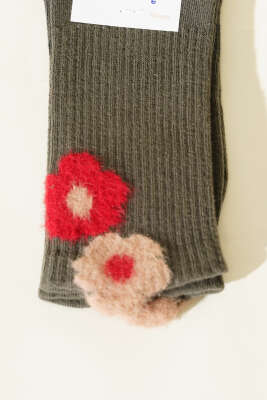 Çiçek Sakal Detaylı Kadın Soket Çorap Haki - Soket Çorap