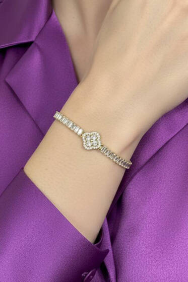 Çiçek Su Yolu Taşlı Bileklik Gold - Bileklik