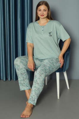 Çiçek Süslemeli Büyük Beden Pijama Takımı Çağla Yeşili - Pijama & Gecelik