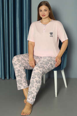 Çiçek Süslemeli Büyük Beden Pijama Takımı Pembe - Pijama & Gecelik