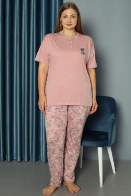 Çiçek Süslemeli Büyük Beden Pijama Takımı Pudra - Pijama & Gecelik