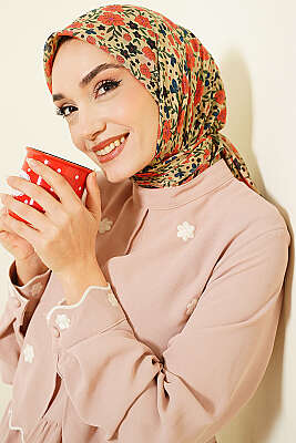 Çiçek Süslemeli Eşarp Bej - Başörtüsü