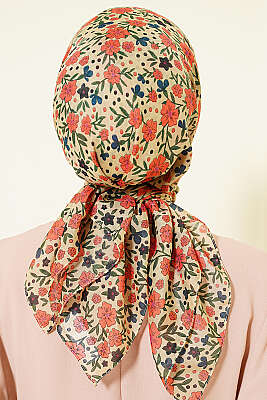 Çiçek Süslemeli Eşarp Bej - Başörtüsü