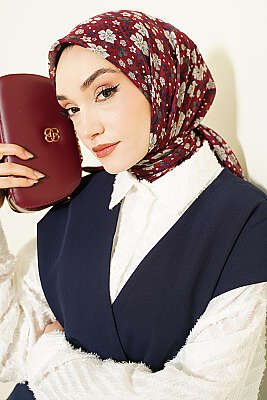 Çiçek Süslemeli Eşarp Bordo - SİNEM EŞARP