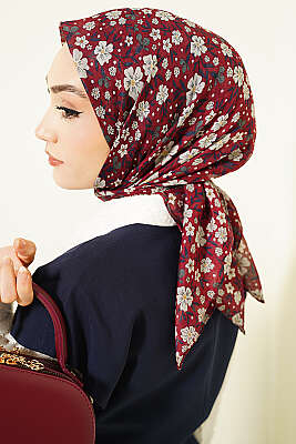 Çiçek Süslemeli Eşarp Bordo - Başörtüsü