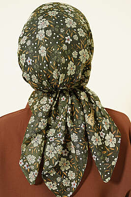 Çiçek Süslemeli Eşarp Haki - Başörtüsü