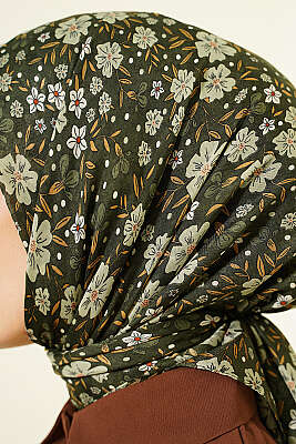 Çiçek Süslemeli Eşarp Haki - Başörtüsü