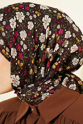 Çiçek Süslemeli Eşarp Kahve - Başörtüsü