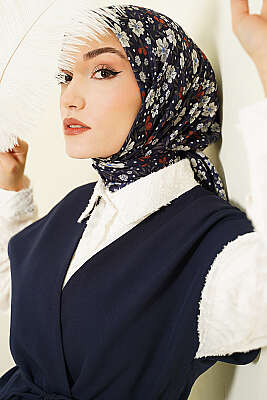 Çiçek Süslemeli Eşarp Lacivert - SİNEM EŞARP